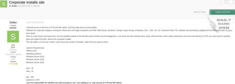A Threat Actor Claims Admin Access to Corporate Analytics Software Used by Major Companies