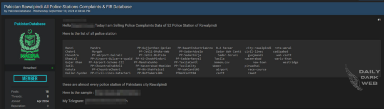 A Threat Actor Claims to Sell Police Complaints from 52 Police Stations in Rawalpindi
