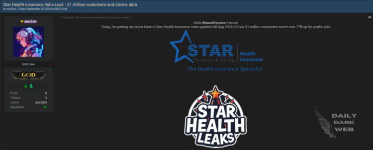 A Threat Actor Claims to Sell Data of Star Health Insurance, Compromising data of 31 Million Customers