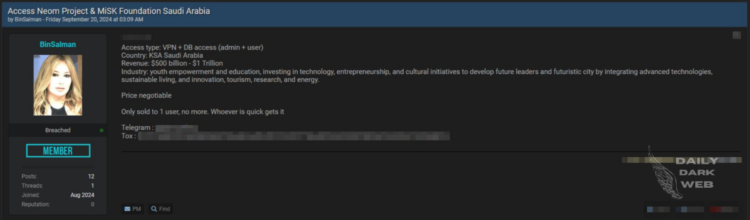Threat Actor Selling Access to Saudi Arabia’s Neom Project and MiSK Foundation Systems