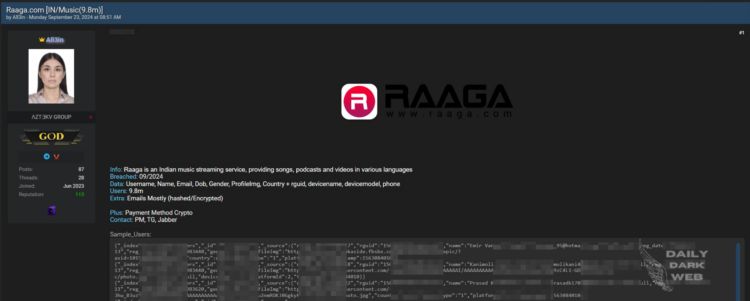 A Threat Actor Claims to Sell Database of Raaga, Compromising of 9.4 Million Users Data