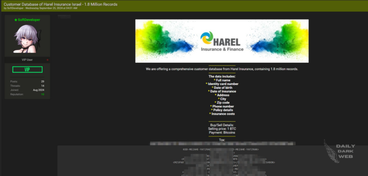 A Threat Actor Claims to Sell Data of Israel Harel Insurance, Compromising Data of 1.8 Million Records