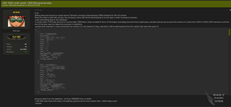 Threat Actor Allegedly Selling US Credit Card and Personal Data from a Pakistani CRM Software Company