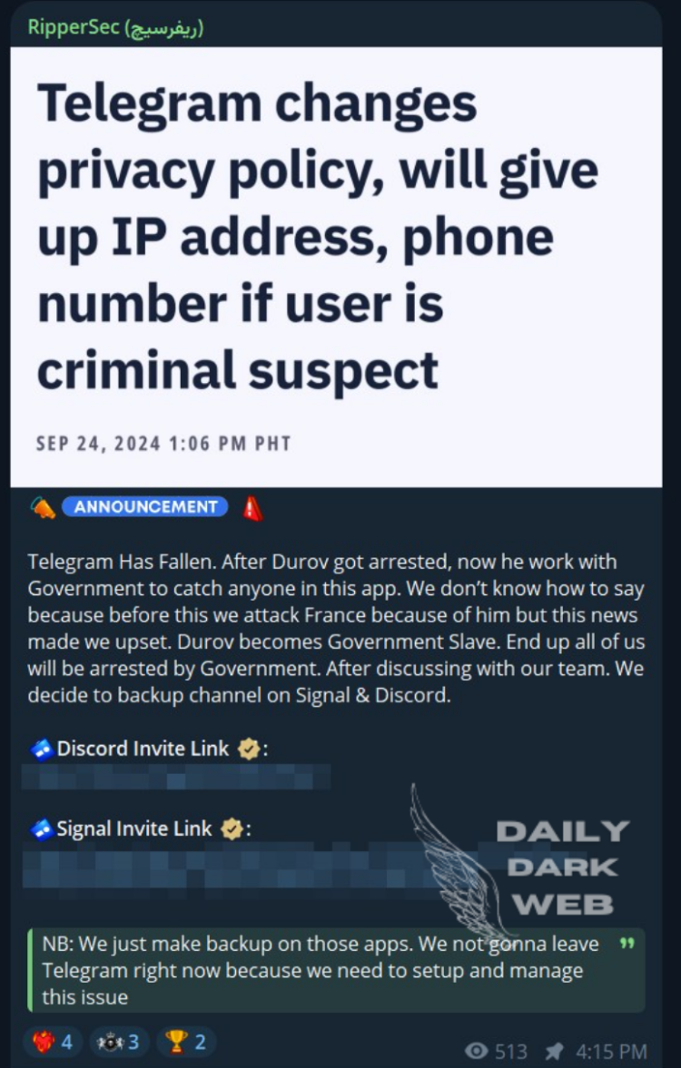 RipperSec Announces Departure Due to Telegram’s New Policy Changes