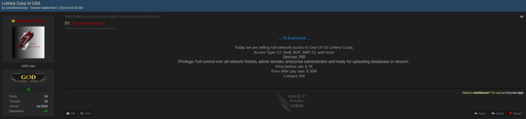 Threat Actor Claims Sale of Full Network Access to U.S. Lottery Corporation