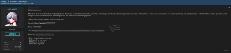 Musely AI Allegedly Breached 100K User Information is For Sale