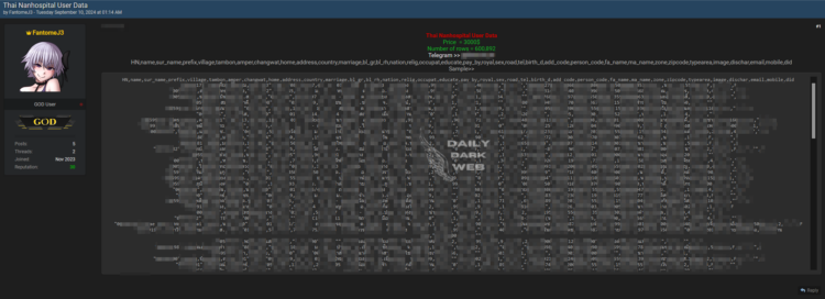 Data Allegedly from Thai Hospital Listed for Sale on Dark Web Forum