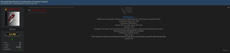 Threat Actor Offers Network Access to Major Brazilian Real Estate Company
