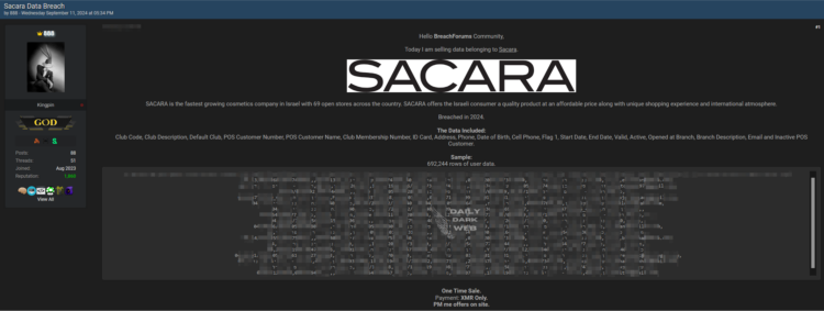 Cosmetics Company SACARA Allegedly Breached 692K Rows of User Data For Sale