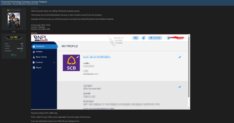 Threat Actor Claims to Sell Access to Thai Financial Company on Dark Web