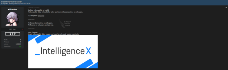 Alleged IntelX 0-Day Vulnerability for Sale on Dark Web
