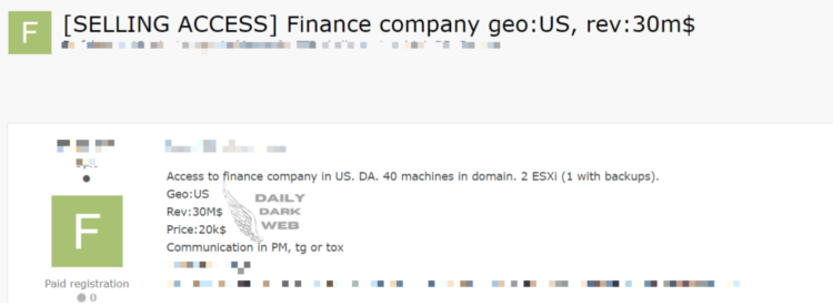 Access to US-Based Finance Company Network Listed for Sale on Dark Web