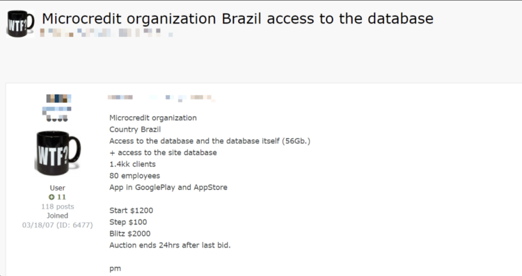 Database Access for Brazilian Microcredit Organization Auctioned on Dark Web