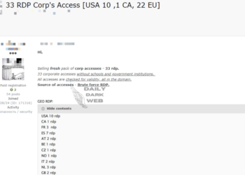 33 Corporate RDP Accesses Offered for Sale on Dark Web