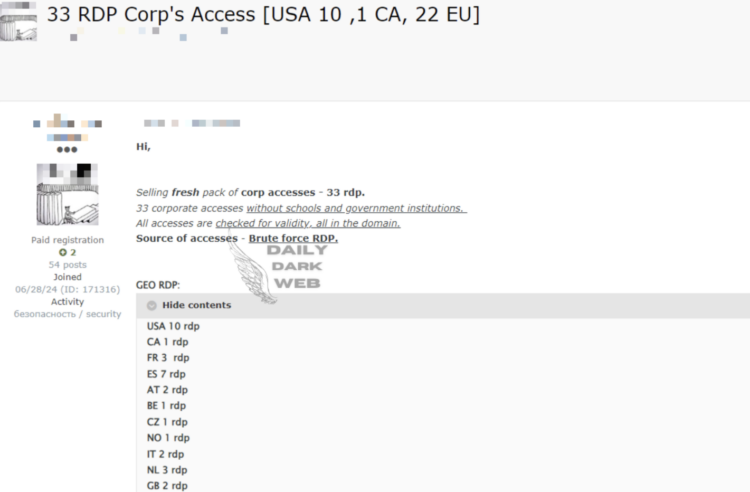33 Corporate RDP Accesses Offered for Sale on Dark Web