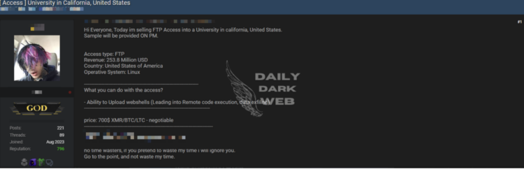 FTP Access to University of California Offered for Sale on Dark Web