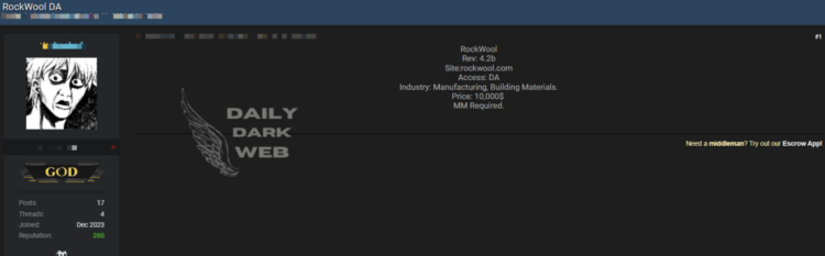 Access to Rockwool’s Digital Assets Offered for Sale on Dark Web