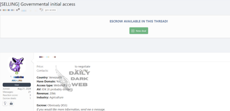 Venezuelan Government Web Domain Access for Sale on Dark Web