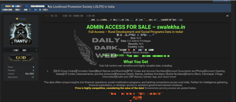 Admin Access to Swalekha.in for Sale on Dark Web