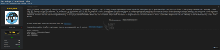 Wilson & Lafleur Data Breach Allegations Surface on Dark Web Forum