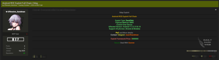 Threat Actor Allegedly Selling Zero-Day Android RCE Exploit for $800,000