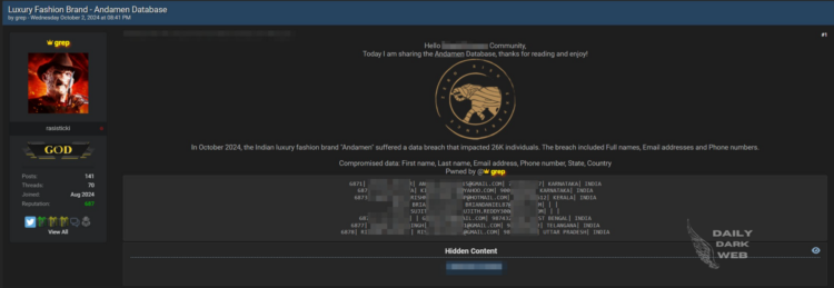 A Threat Actor Claims Breach of Andamen Database