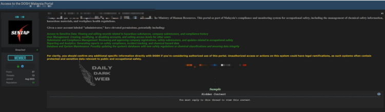 Administrator Access to Malaysia’s DOSH Portal Allegedly for Sale, Raising Security Concerns