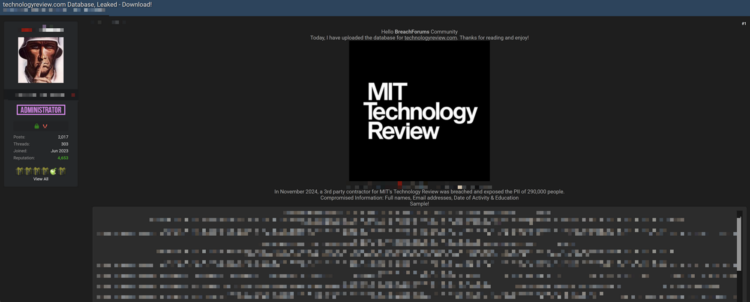 MIT Technology Review Database Breach Exposes Personal Data of 290,000 Users