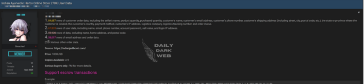 Alleged Data Breach at Indian Ayurvedic Herbs Online Store Exposes Sensitive Customer Data