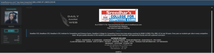 India – Sreedharscce.com Data Breach Exposes Millions of Records