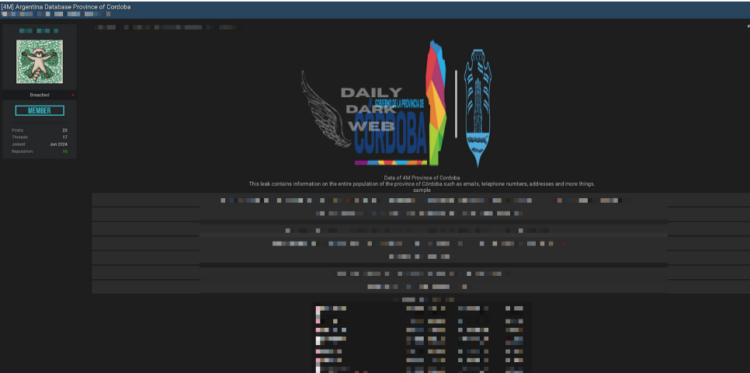 Database of 4 Million Individuals from Cordoba, Argentina, Exposed on Dark Web