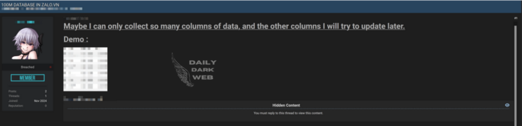 Alleged Data Leak of 100 Million Zalo.vn User Records