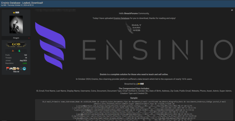 Alleged Data Breach of Ensinio Platform: Threat Actor Claims Exposure of 161,000 Users