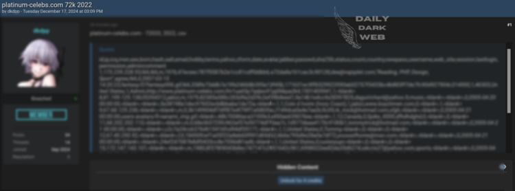 Alleged Data Breach at Platinum-Celebs.com Exposes 72,000 User Records