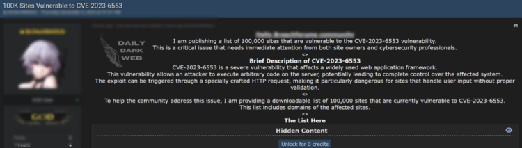100,000 Websites Allegedly Vulnerable to CVE-2023-6553 Exploit
