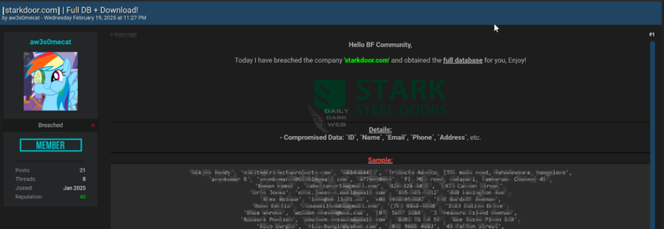 Alleged Data Breach Claims Surface on Dark Web Targeting Stark Door