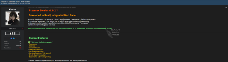 Cybercriminal Allegations: “Prysmax Stealer v1.0.2” Advertised on Dark Web Forum