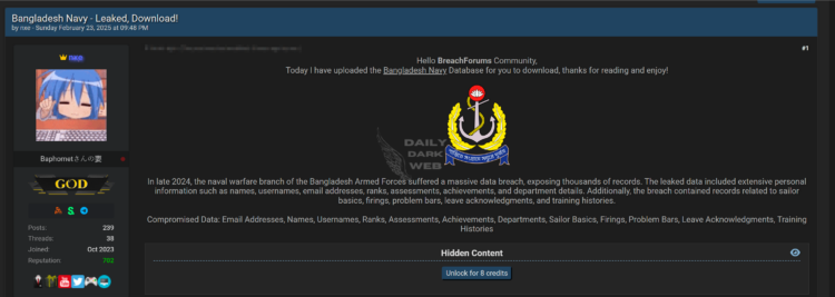Bangladesh Navy Allegedly Targeted in Data Breach