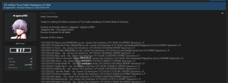 Alleged Data Breach: Threat Actor Claims to Sell 25 Million Truecaller Contacts from the USA