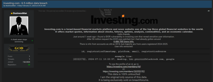 Massive Data Breach Allegedly Hits Investing.com, Threat Actor Claims 6.5 Million User Records Exposed