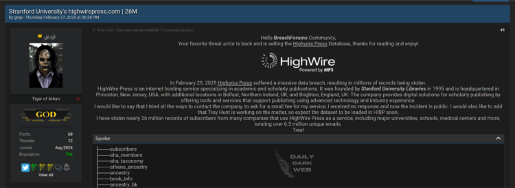 HighWire Press Allegedly Breached 26M Records Exposed