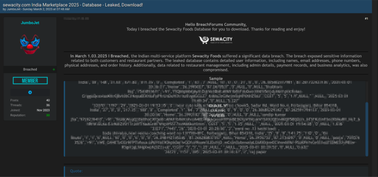 Indian Food Delivery Platform Allegedly Suffers Data Breach, Threat Actor Claims