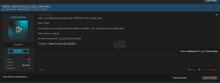 Threat Actor Claims to Possess 10GB of Stolen Login Credentials
