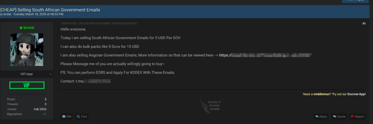 Threat Actor Sells Alleged South African and Angolan Government Emails