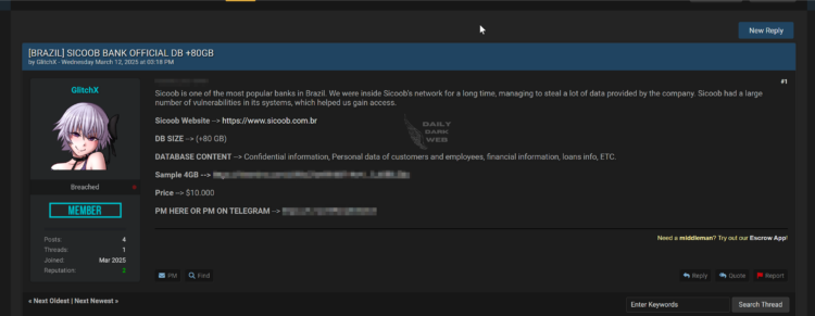 Brazilian Bank Sicoob Allegedly Breached by Threat Actor