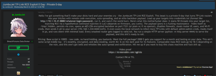 Alleged TP-Link Exploit for Sale on Dark Web