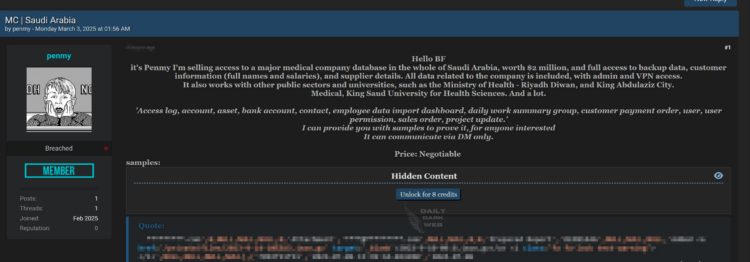 Alleged Threat Actor Claims to Sell Access to Saudi Medical Database on Dark Web
