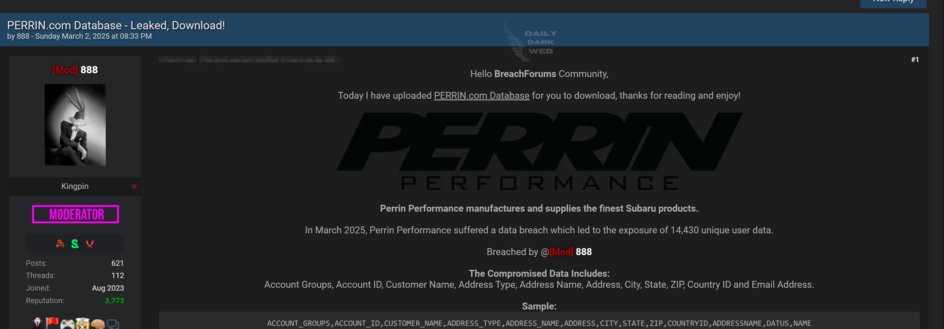 Alleged Data Breach at Perrin Performance Surfaces on Dark Web Forum