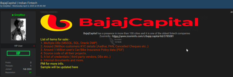 Threat Actor Claims to Sell Sensitive Information Belongs to BajajCapital
