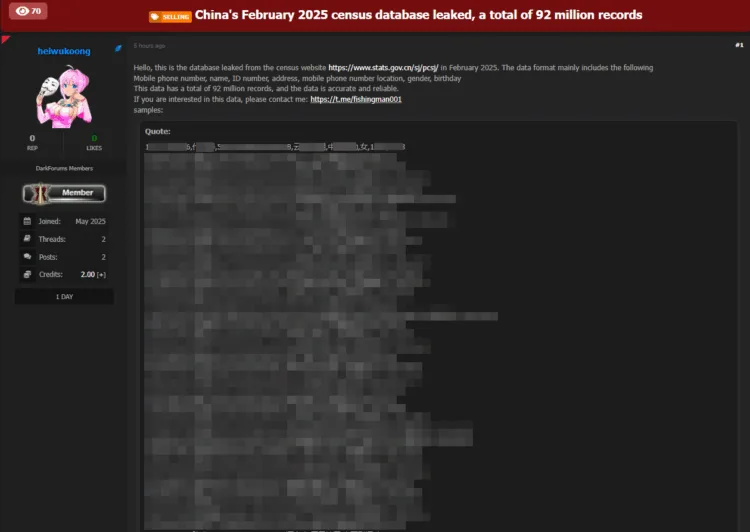 China Census Database Allegedly Leaked with 92 Million Records